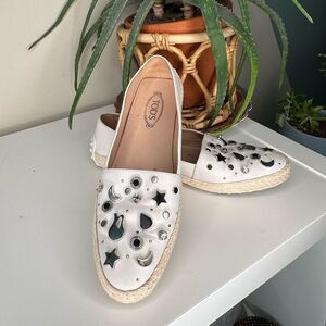 TOD’S White Leather Espadrille Loafers Star Moon Studded Driving Flats 36.5/6.5